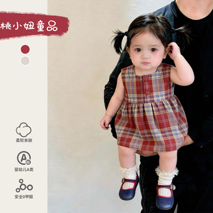 周岁女宝礼服夏季薄款无袖连衣裙宝宝洋气学院风格子背心包屁裙夏