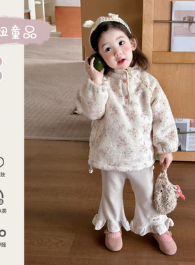小公主冬装套装韩版森系碎花加绒上衣微喇裤子三件女宝冬季周岁服