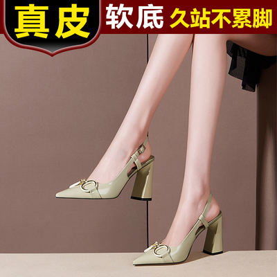 百丽纯爱2021年新款包头凉鞋女夏后空漆皮百搭一字扣带粗跟高跟鞋