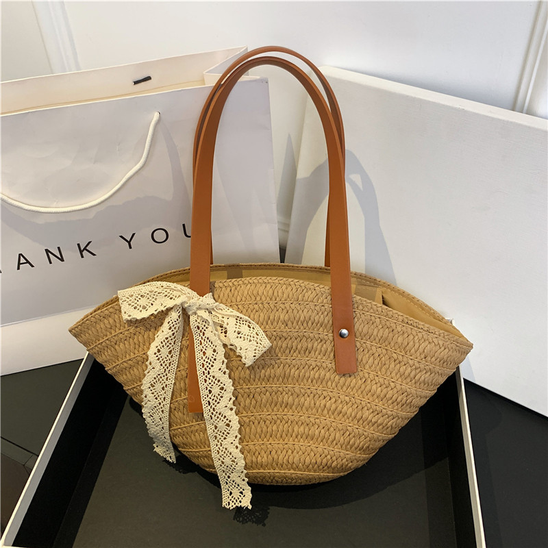 法式复古草编包2025手工编织丝巾手提百搭饺子包海边度假沙滩包