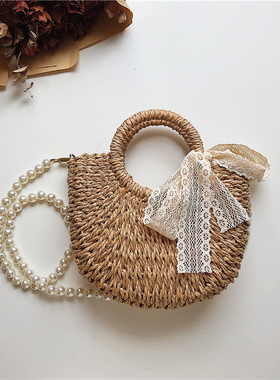 2026蕾丝珍珠草编包女网红斜跨单肩沙滩度假包包编织小清新手提包
