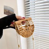 ins爆款 竹编包欧美风沙滩包复古大气竹子包雪梨同款 半圆编织包