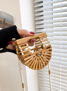 ins爆款竹编包欧美风沙滩包复古大气竹子包雪梨同款半圆编织包