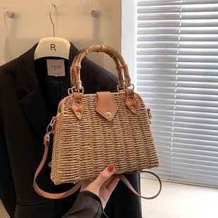 轻奢复古竹节手提盒子包女2025新款 休闲森系旅行度假包 草编包时尚