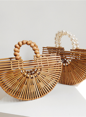 新款木珠手提编织包半圆形镂空竹编包户外手拿沙滩包多款藤编包