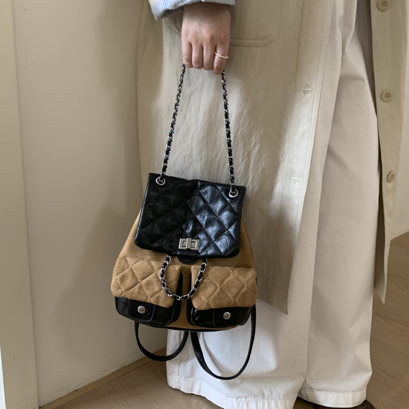 菱格绣线女式双肩包2025新款撞色百搭通勤后背包复古麂皮绒小书包