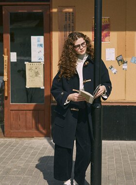 LOEN 原创设计秋冬日系文艺学生宽松中长款牛角扣呢子大衣 FUDGE