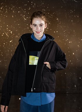 LOEN 原创设计秋冬日系学生百搭黑色立领休闲短夹克外套女 FUDGE