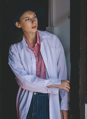 LOEN女装 日系学生新款百搭早秋长款宽松白色棉衬衫外套 FUDGE