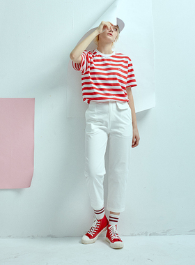 LOEN 原创设计夏季新款休闲文艺学生百搭红色宽松条纹T恤女 FUDGE