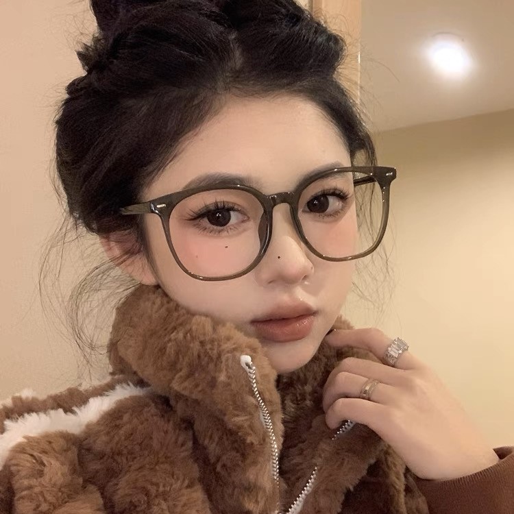 超大框眼镜女大脸显瘦冷茶可配度数近视眼镜框防蓝光金属插芯镜腿
