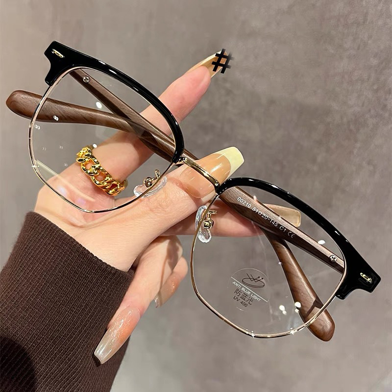木纹镜腿金丝半框眼镜男理工文艺大框大脸防蓝光近视眼镜女潮素颜