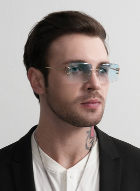 欧美无框切边倒边太阳镜男时尚防紫外线遮阳防晒配近视墨镜女复古