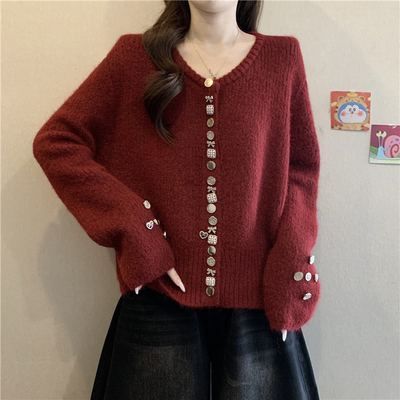 新年红色小香风针织开衫女2025秋冬大码胖mm独特漂亮别致毛衣外套