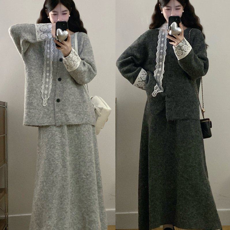 实拍大码女装秋冬新气质蕾丝拼接长袖毛衣上衣+显瘦半身裙两件套