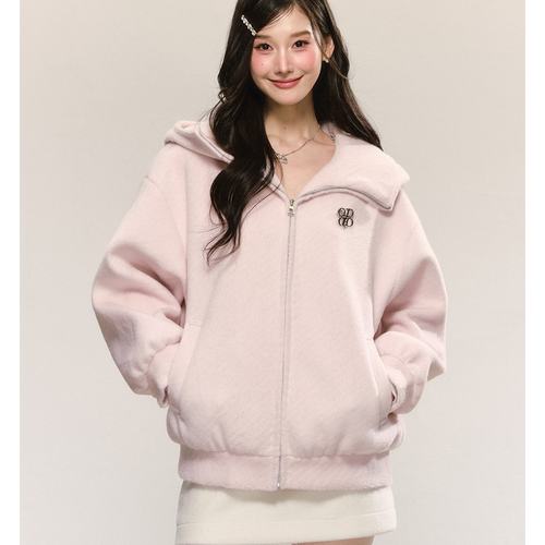 QDQD 小香风白色圈圈毛外套甜美少女感学院风大翻领连帽长袖上衣