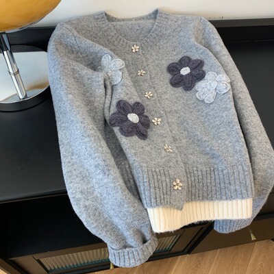 灰色软糯针织开衫毛衣外套女设计感小众高级感气质上衣小个子短款