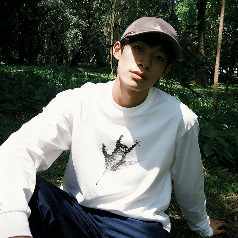 DE 铅笔手绘猫咪T恤纯棉长袖男女款白色打底衫休闲宽松百搭上衣