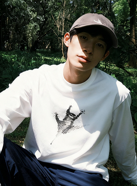 DE 铅笔手绘猫咪T恤纯棉长袖男女款白色打底衫休闲宽松百搭上衣