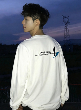 DE 复古长袖男秋季休闲高街圆领男女款纯棉T恤白色打底衫