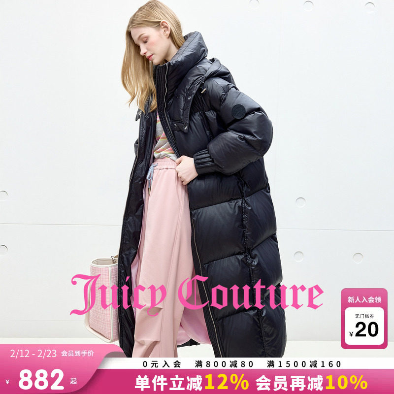 【90白鸭绒】Juicy Couture橘滋羽绒服女黑色加厚保暖中长款外套