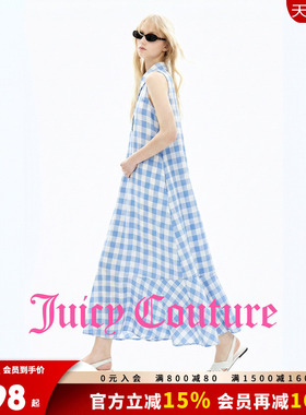 Juicy Couture橘滋连衣裙女26夏季新款蓝色格纹翻领无袖衬衫长裙