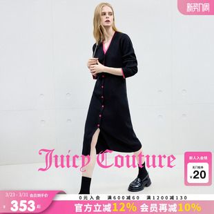 气质针织裙子 撞色拼接V领长袖 Juicy Couture橘滋连衣裙女长款