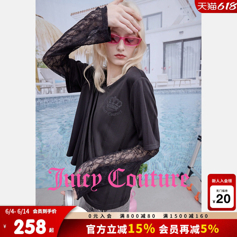 Juicy Couture橘滋T恤女26春夏新款黑色蕾丝拼接假两件长袖上衣