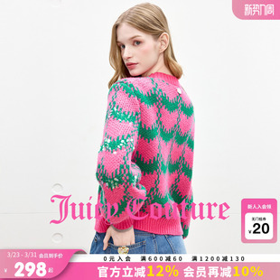 Juicy 女玫红撞色波浪亮片提花圆领毛衣上衣 Couture橘滋针织衫