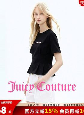 Juicy Couture橘滋T恤女26夏季新款印花打褶收腰显瘦黑色短袖上衣