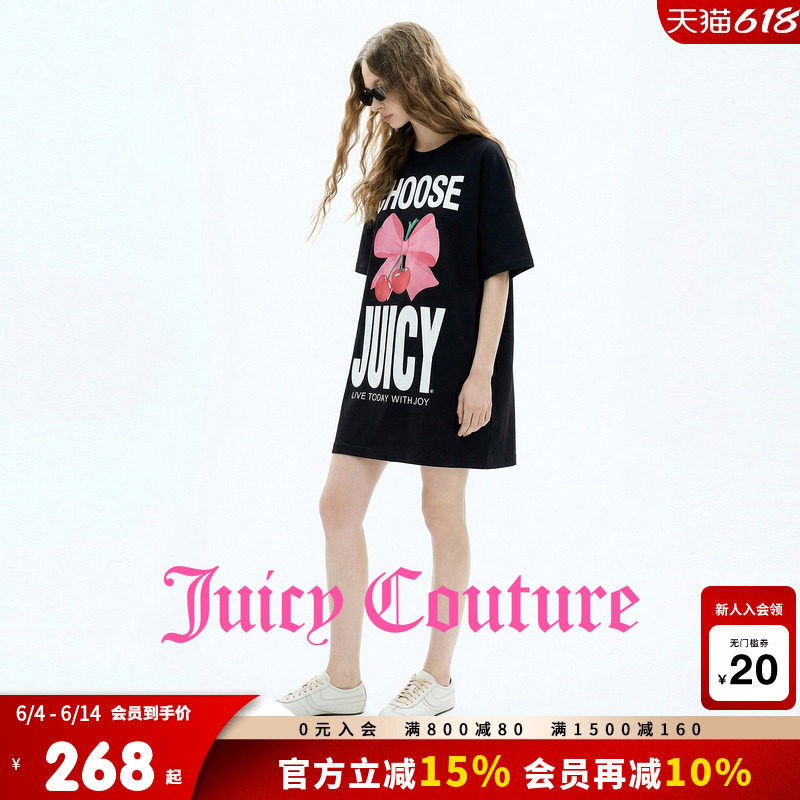 Juicy Couture橘滋连衣裙女26夏季新款黑色印花直筒连肩袖T恤短裙