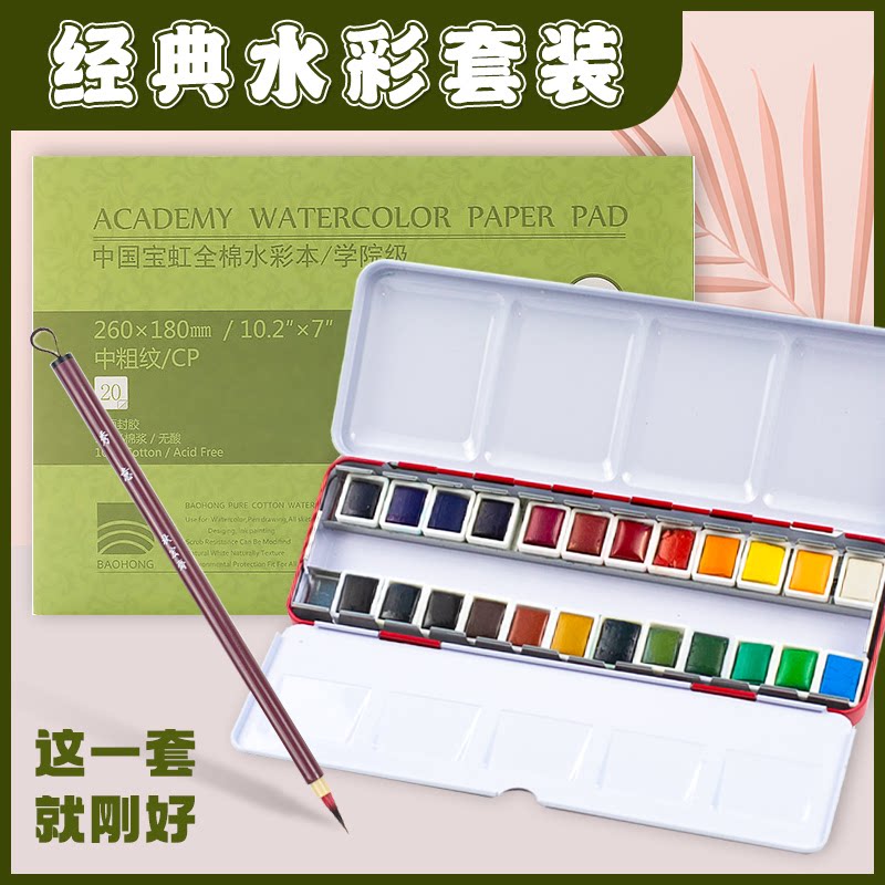 宝虹水彩本300g纯棉水彩纸清绘固体水彩24色套装秋宏斋秀意画笔初学者必备水彩套装