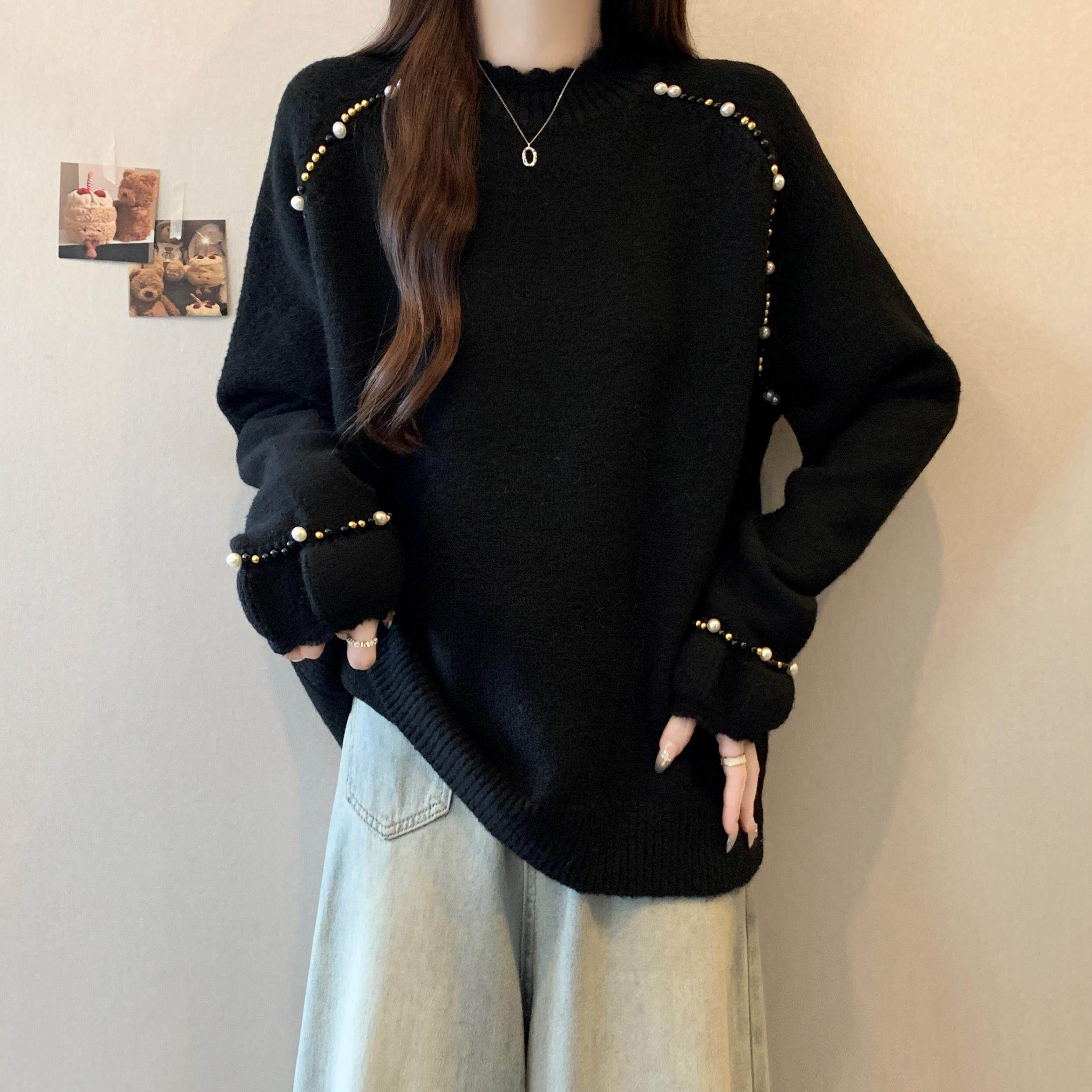 高级感钉珠黑色长袖毛衣女2025秋季大码胖mm宽松巨显瘦减龄上衣潮