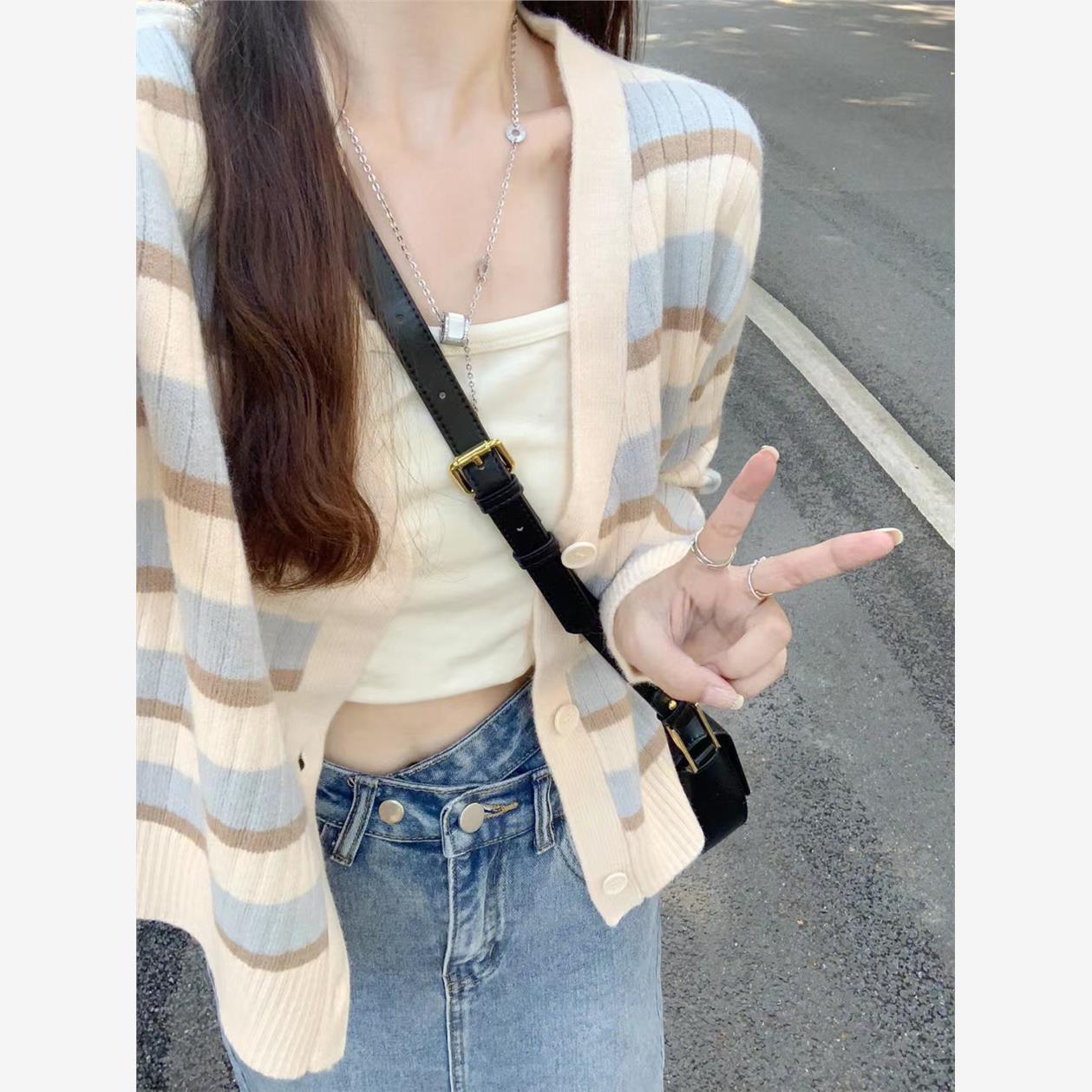 早秋chic条纹针织开衫女韩系毛针织衫