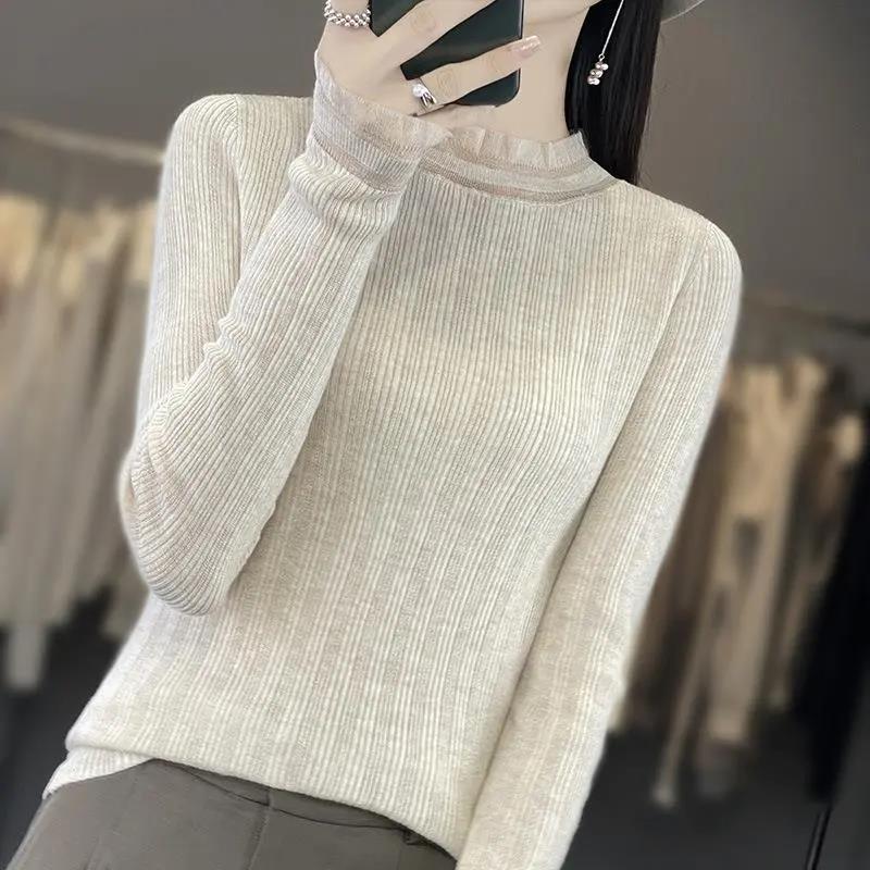 针织打底衫毛衣女秋冬欧根纱拼接木耳花边半高领内搭上衣气质长袖