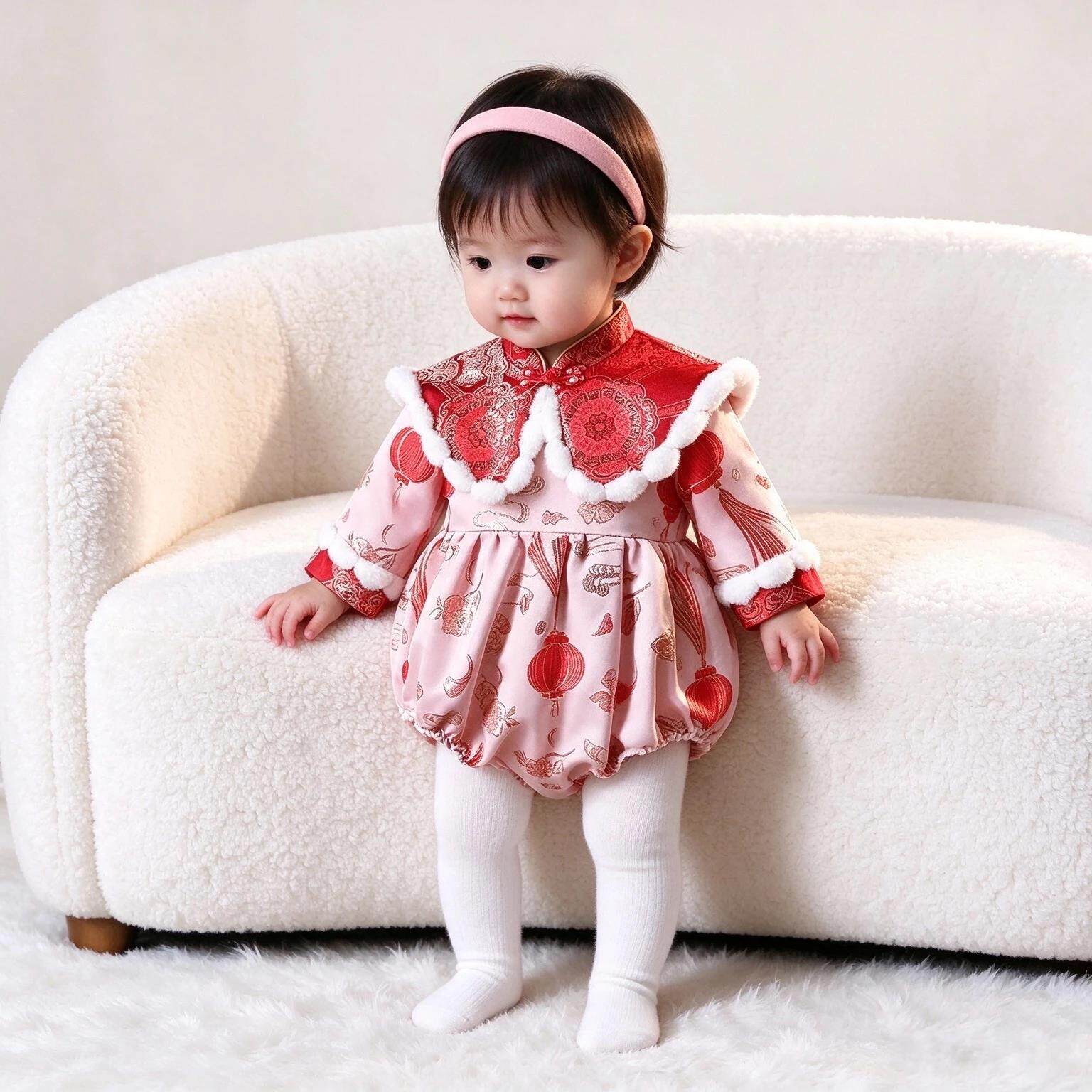 中国风女宝连身哈衣秋冬毛边装饰红色喜庆拜年服周岁生日礼服哈衣