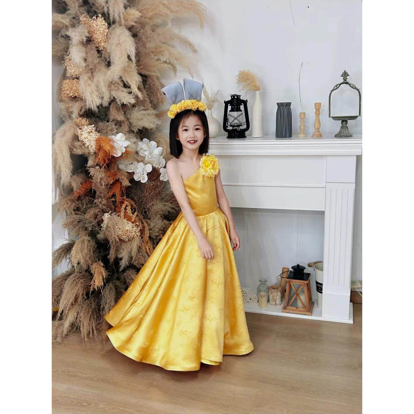 女童春装2026新款儿童露肩生日礼服立体花朵蓬蓬裙子迪士尼公主裙