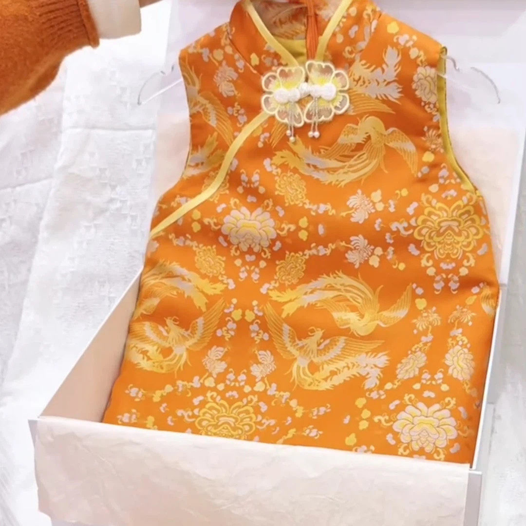 新中式女童橙色连衣裙女宝宝凤凰图案立领盘扣中式复古背心旗袍裙