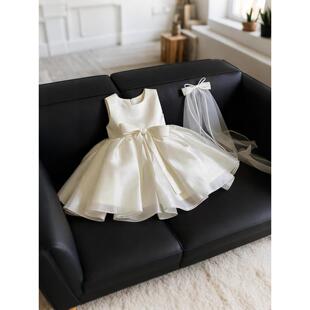 女童白色无袖公主裙女宝宝生日礼服花童蓬蓬裙儿童圆领蝴蝶结裙子