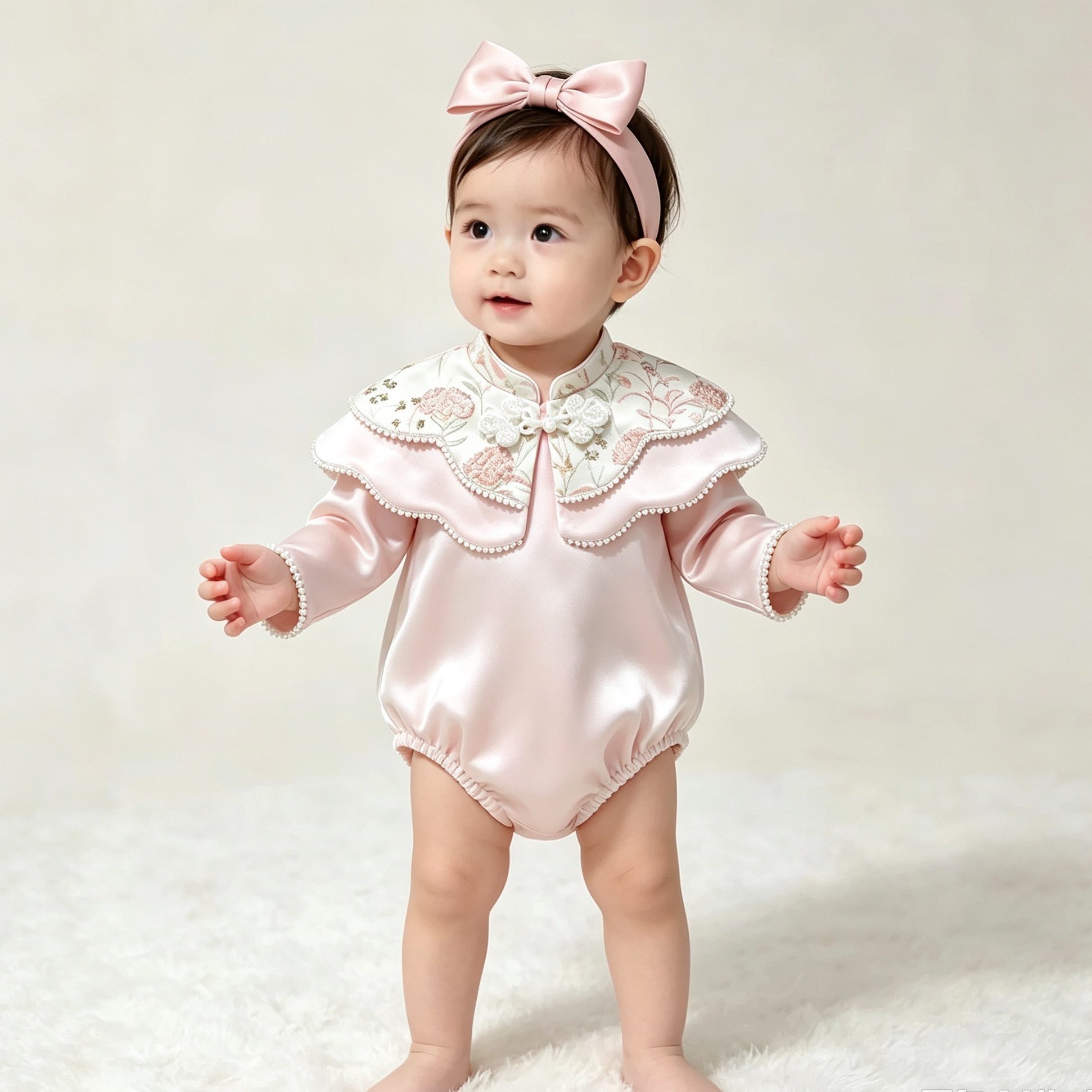 甜美新中式风婴儿满月百天礼服爬服秋冬新款珍珠装饰女宝宝连体衣
