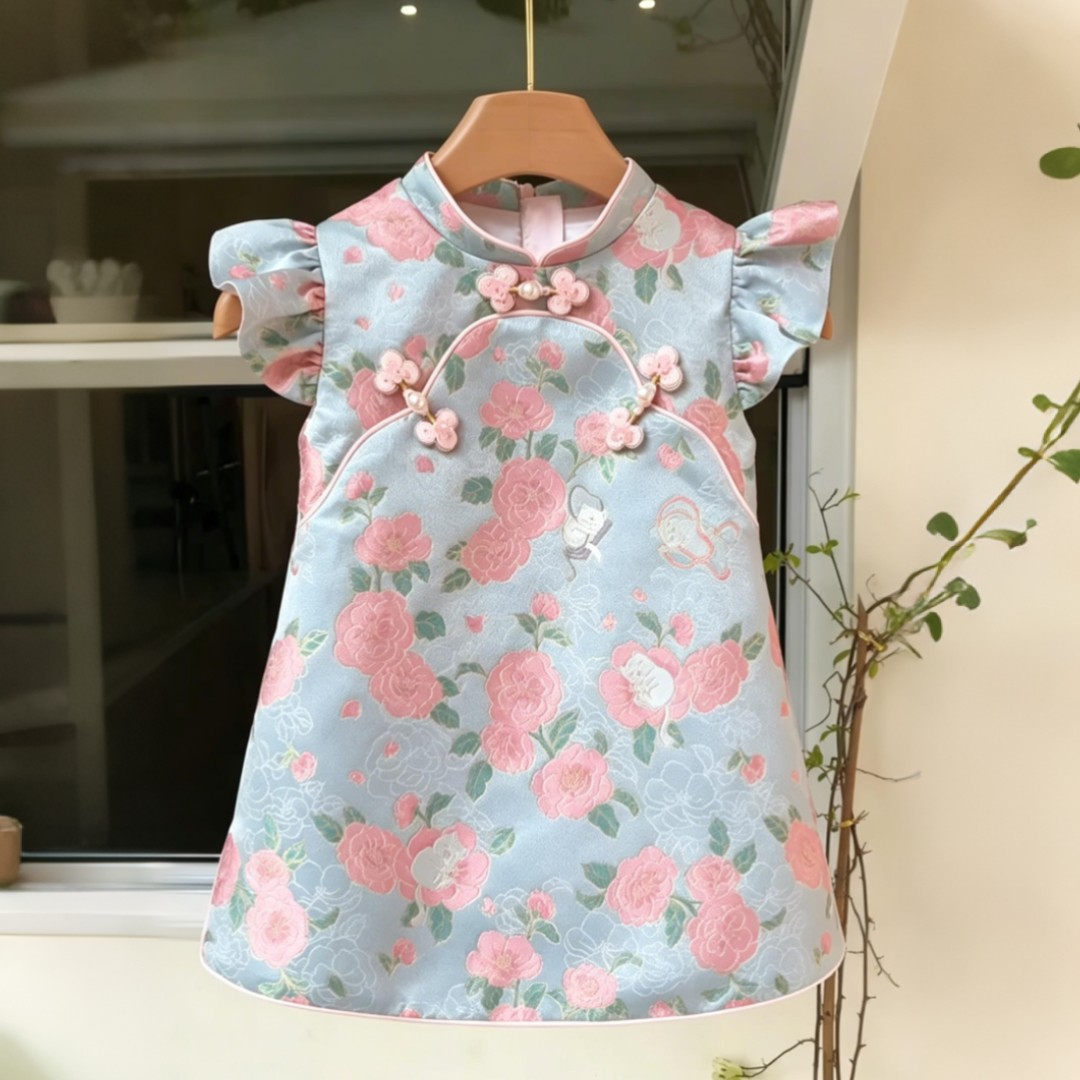 新中式女童玫瑰花朵图案洋装女宝宝生日礼服儿童立领盘扣旗袍裙