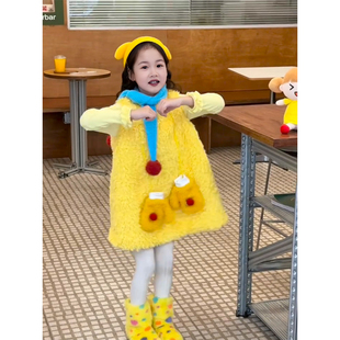 女童冬套装羊羔毛背心裙2025新款儿童加厚多巴胺穿搭迪士尼公主裙