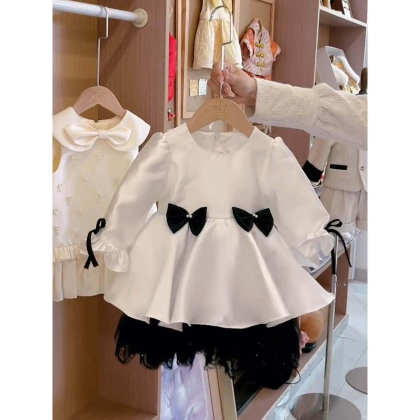 女童白色公主连衣裙2026新款儿童周岁生日礼服撞色蝴蝶装饰蕾丝裙