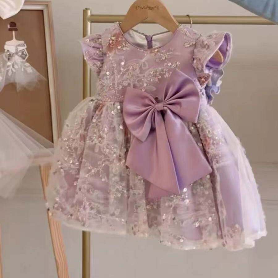 女童紫色网纱珠片洋装夏季新款女宝宝生日小礼服飞袖珠花公主裙