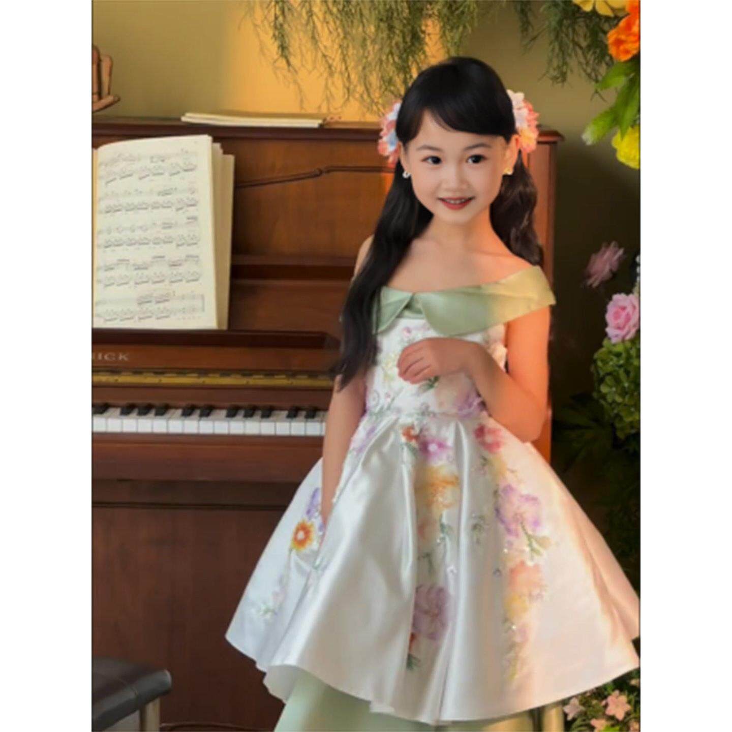 高级感小女孩绝美公主裙儿童一字肩连衣裙中大女童生日礼服裙子夏