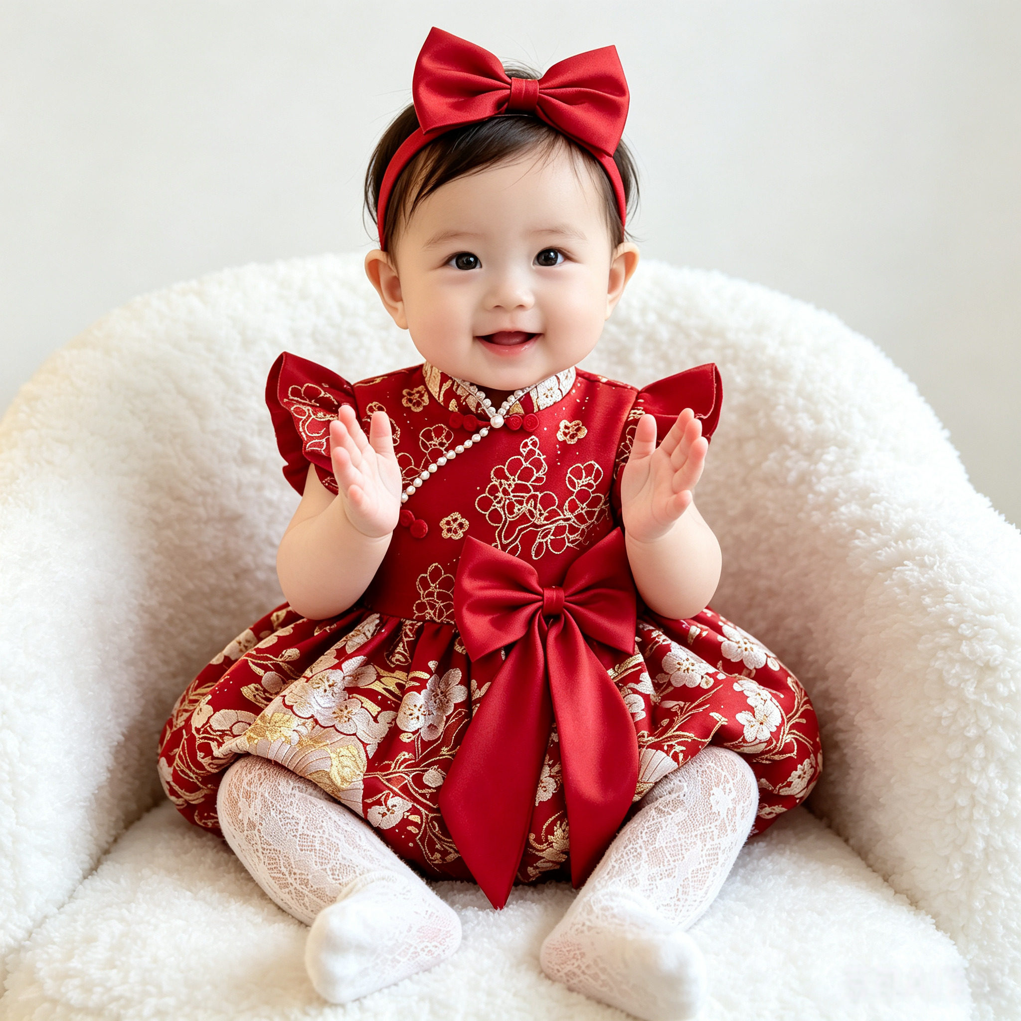中式女童红色喜庆连身哈衣夏季新款女宝宝周岁生日礼服蝴蝶结爬服