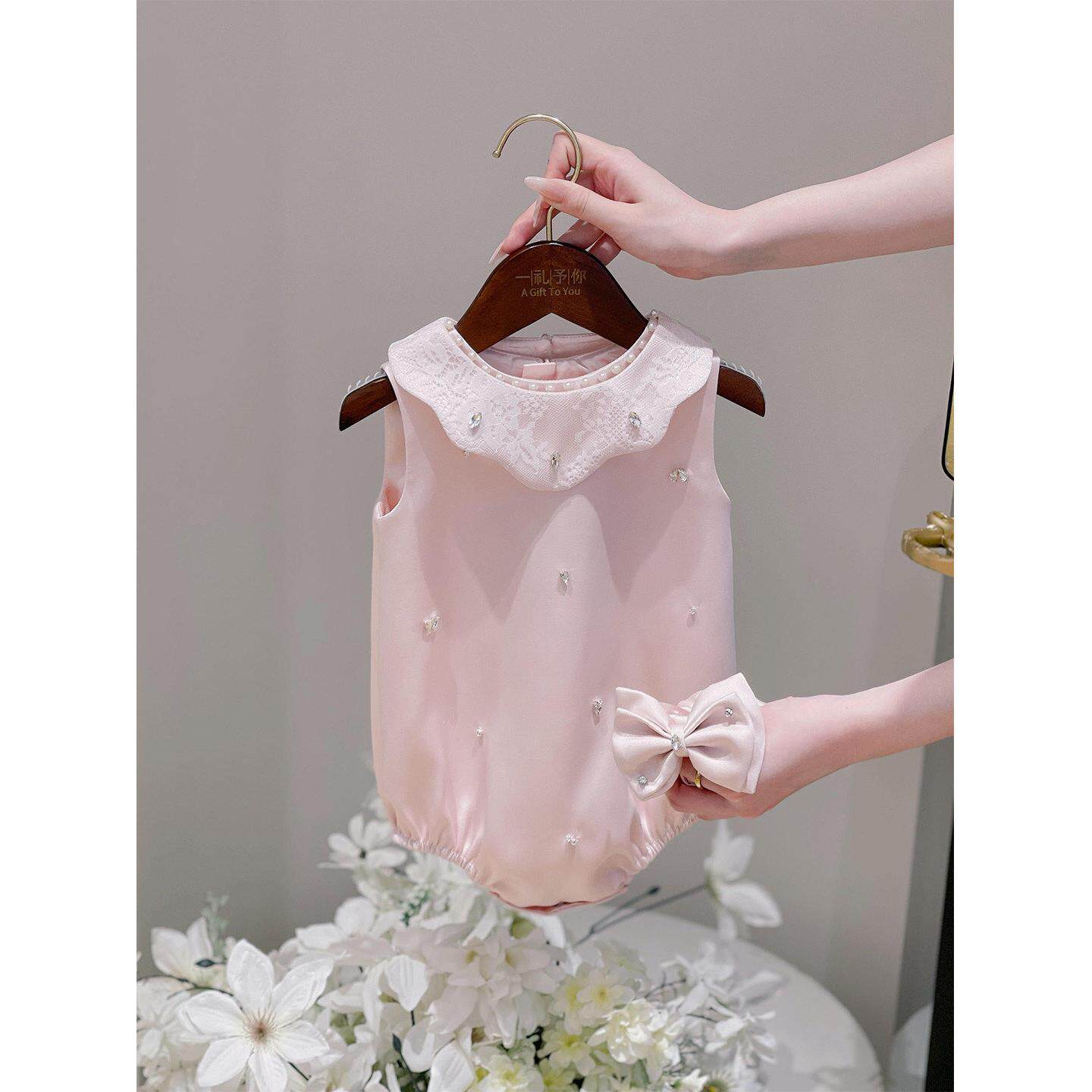周岁女宝礼服生日娃娃领粉色连衣裙满月宝宝包屁衣女孩洋气公主裙