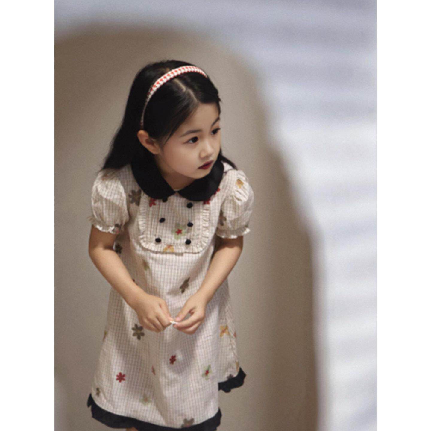女童生日礼服裙子儿童日常可穿格子短袖连衣裙小女孩绝美公主裙夏