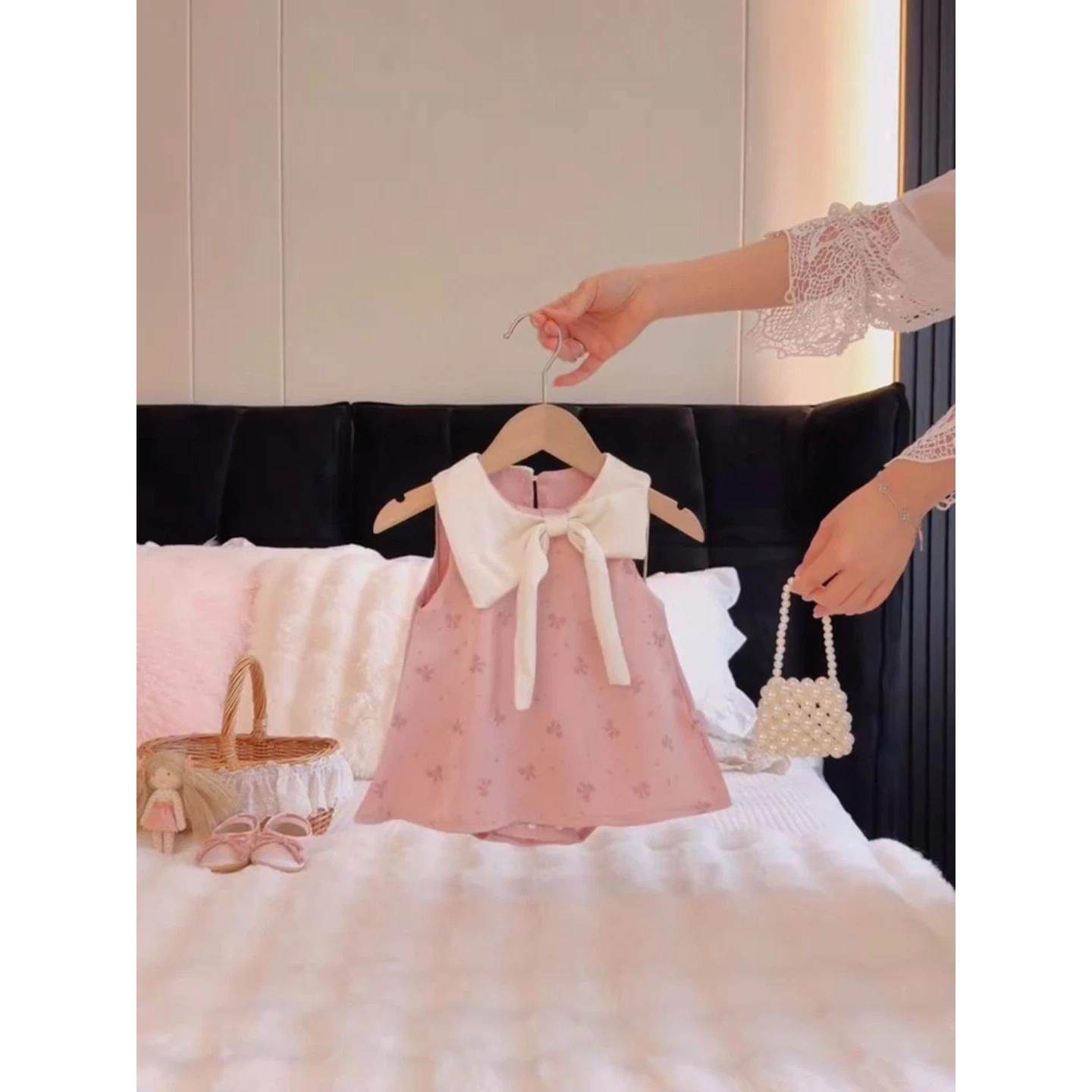 女童粉色无袖包屁衣夏季款披肩领蝴蝶结哈衣宝宝爬行服婴幼儿衣服