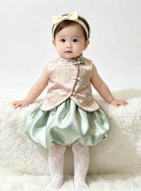 女童新中式马甲裙子套装夏季女宝宝周岁超萌流苏背心花苞裙两件套